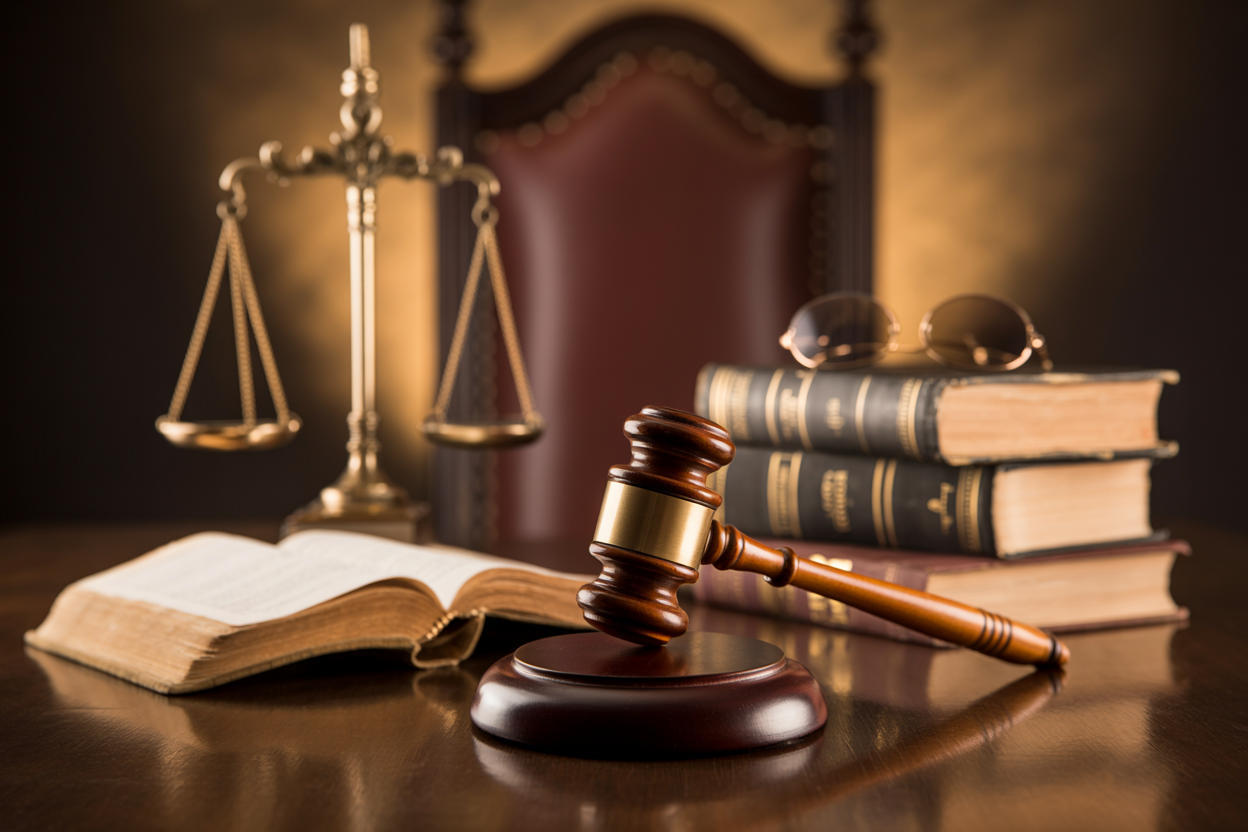 Courtroom Christianity — Scales of justice, gavel, and Bible representing evidence-based apologetics