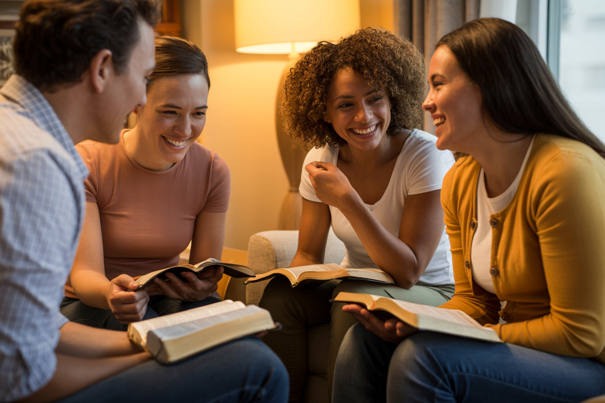 Small group of people engaged in Bible study discussion