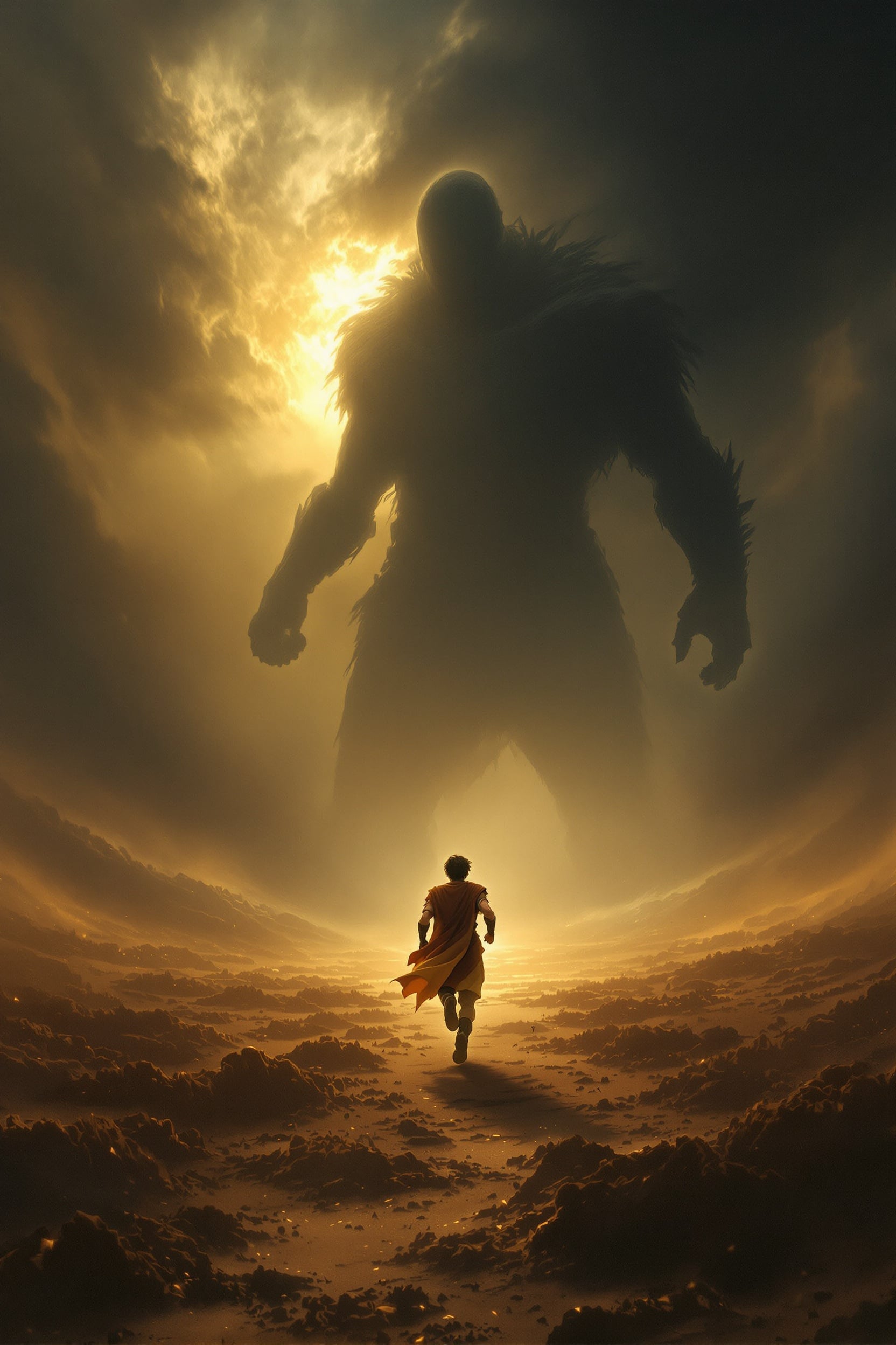 THE FIGHT by Eric Lounsbery — a dramatic scene of a lone warrior running toward an enormous shadowy giant, golden light breaking through dark storm clouds over a vast battlefield